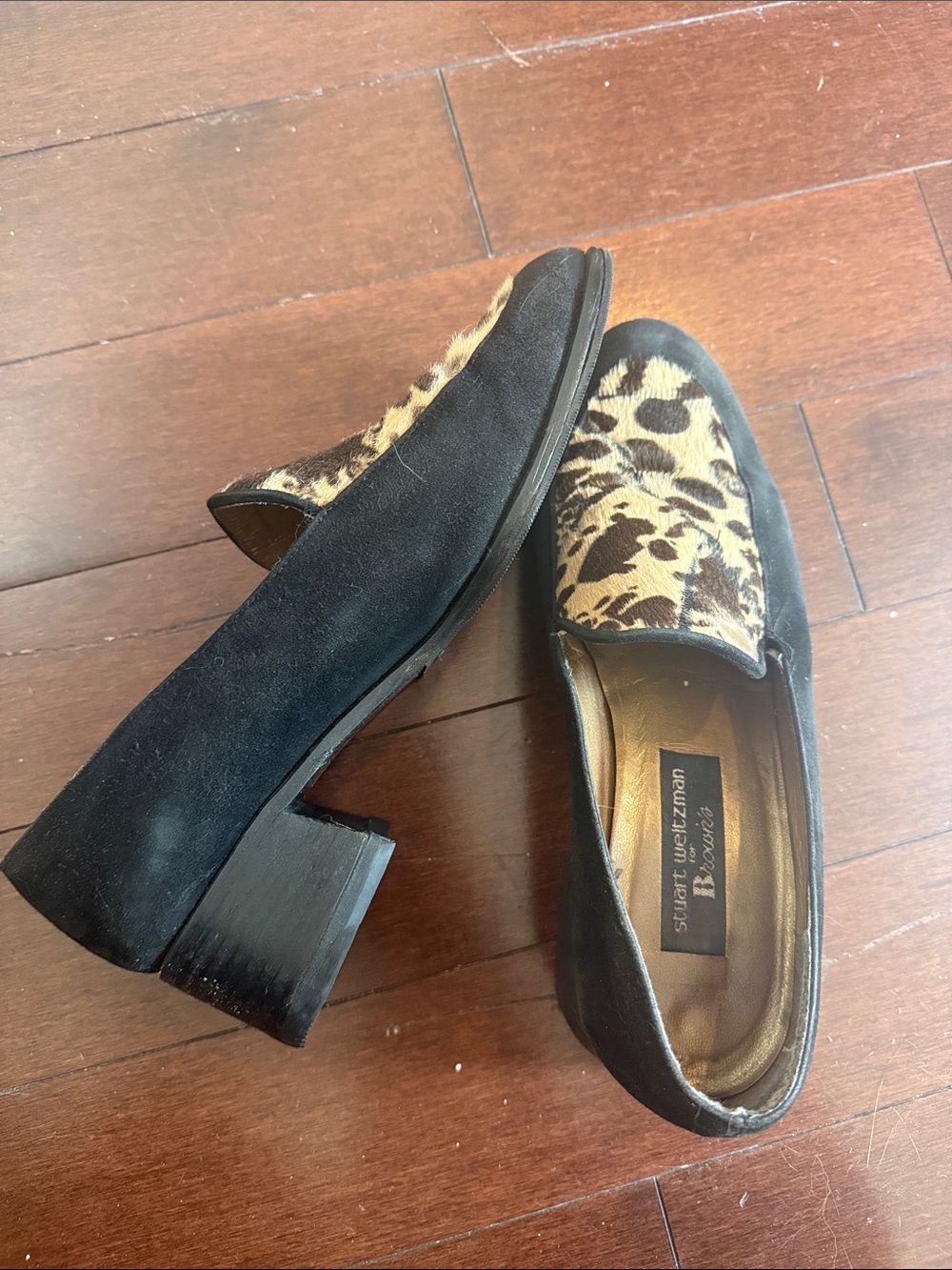 Stuart Weitzman Black Suede Loafers with Leopard Haircalf Vamp - Picture 6 of 6